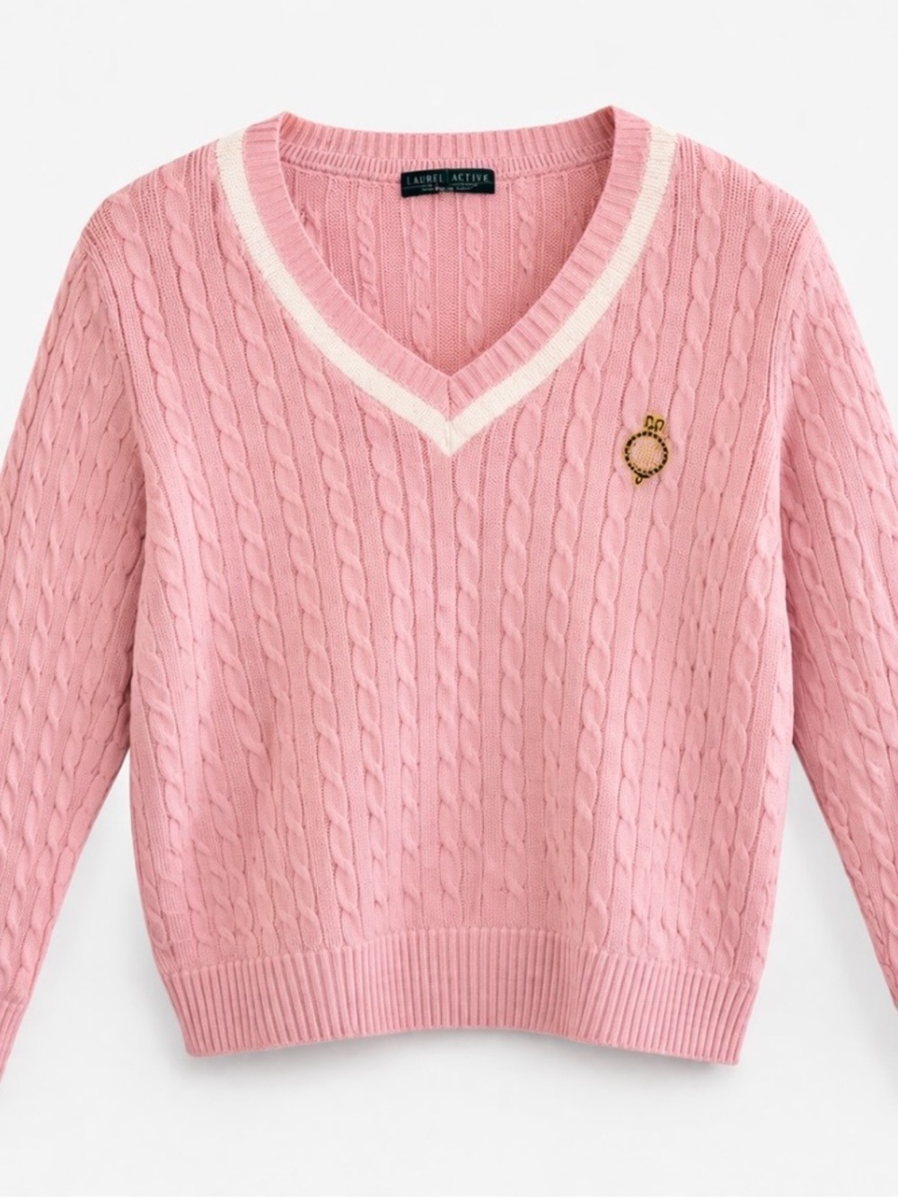 Lauren Active Vintage Pink Cable Knit V-Neck Sweater | Preppy Chic | Soft Cozy